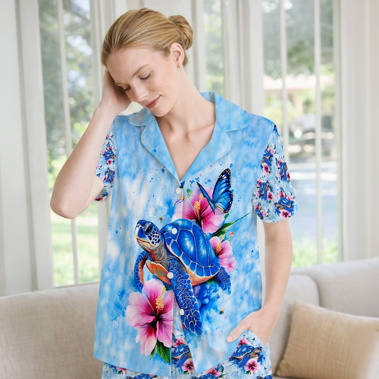 Blue Sea Turtle Hibiscus Butterfly Print Pajama Set, Soft Breathable Fabric Comfortable Sleepwear