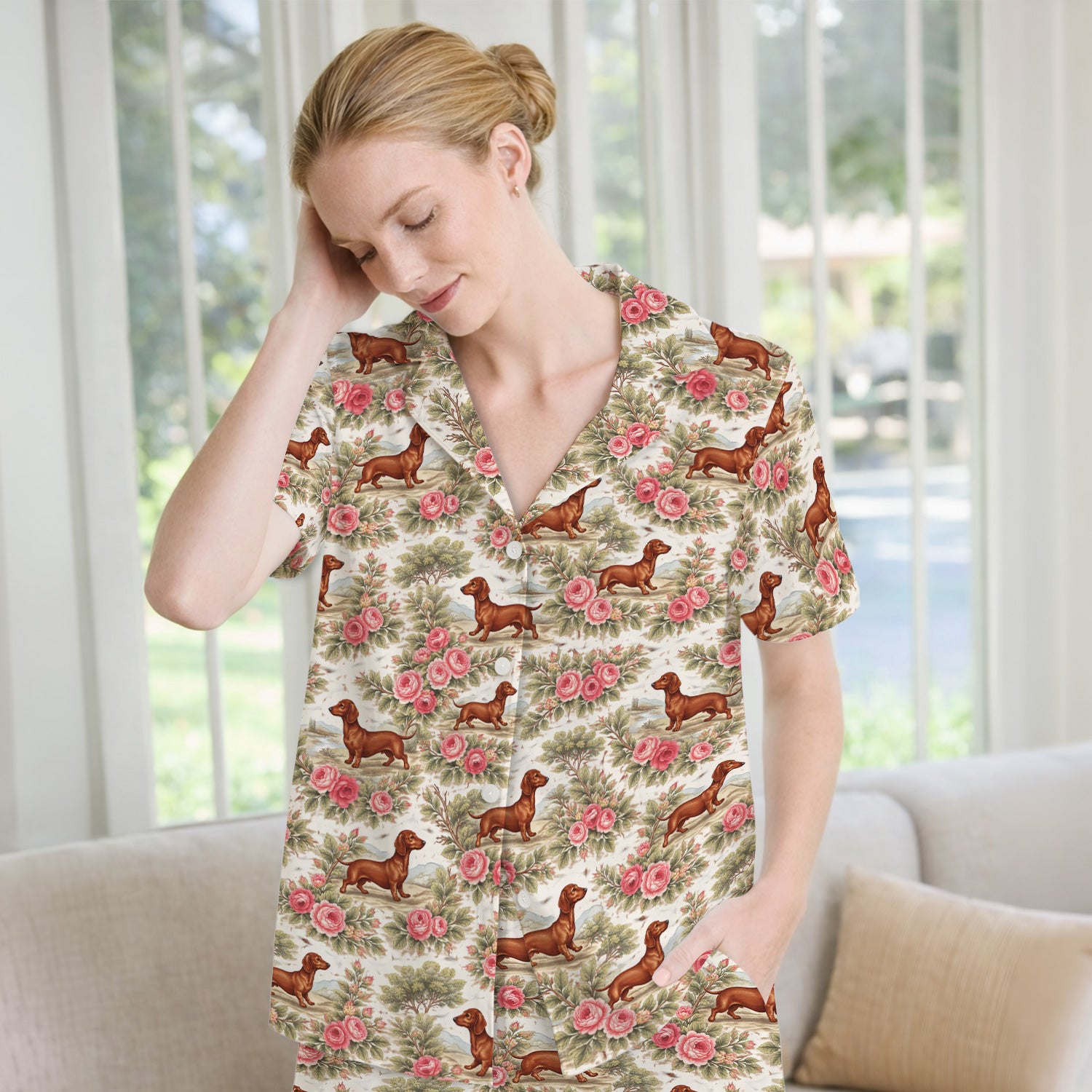 Vintage Dachshund Rose Floral Pattern Pajama Set, Soft Breathable Fabric Comfortable Sleepwear