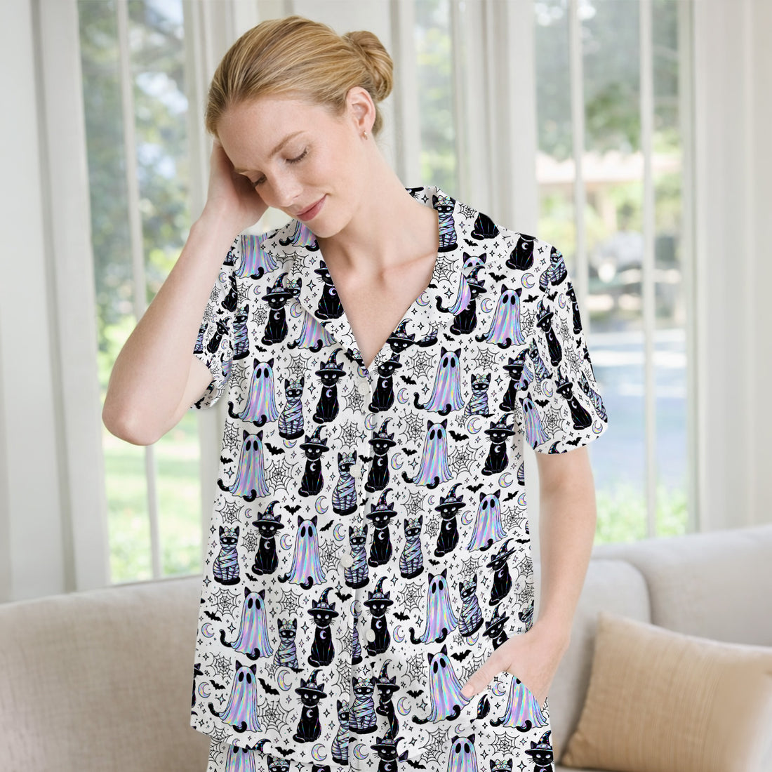Ghost Witch Cat Pattern Pajama Set, Soft Breathable Fabric Comfortable Sleepwear