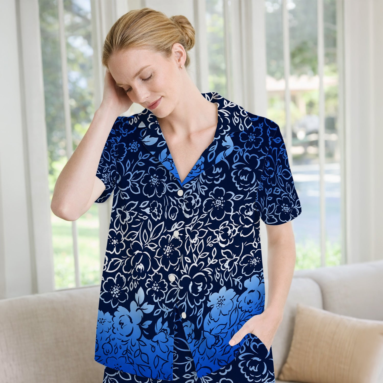 Navy Botanical Flower Print Pajama Set, Soft Breathable Fabric Comfortable Sleepwear