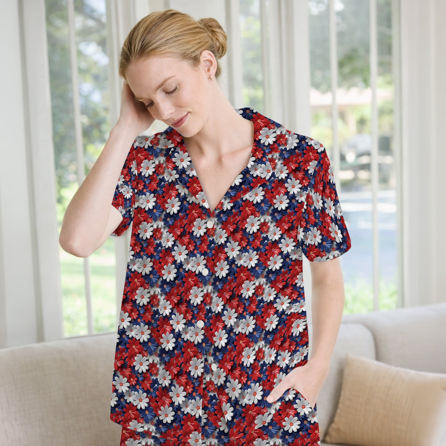 Festive Patriotic Daisy Bloom Pattern Pajama Set, Soft Breathable Fabric Comfortable Sleepwear