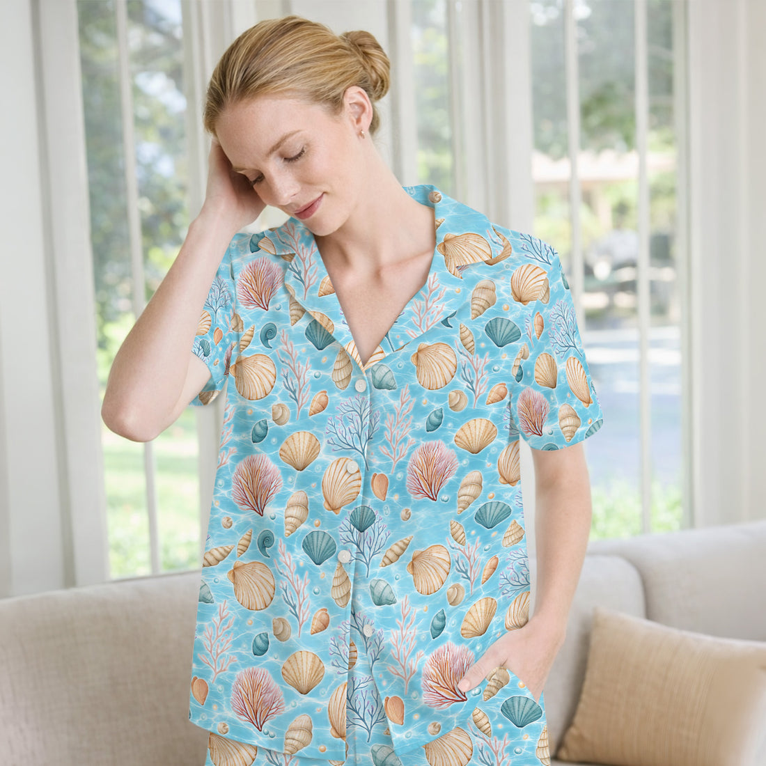 Cute Nurse Coastal Seashell And Coral Reef Pajama Set, Breathable Fabrics Uniform