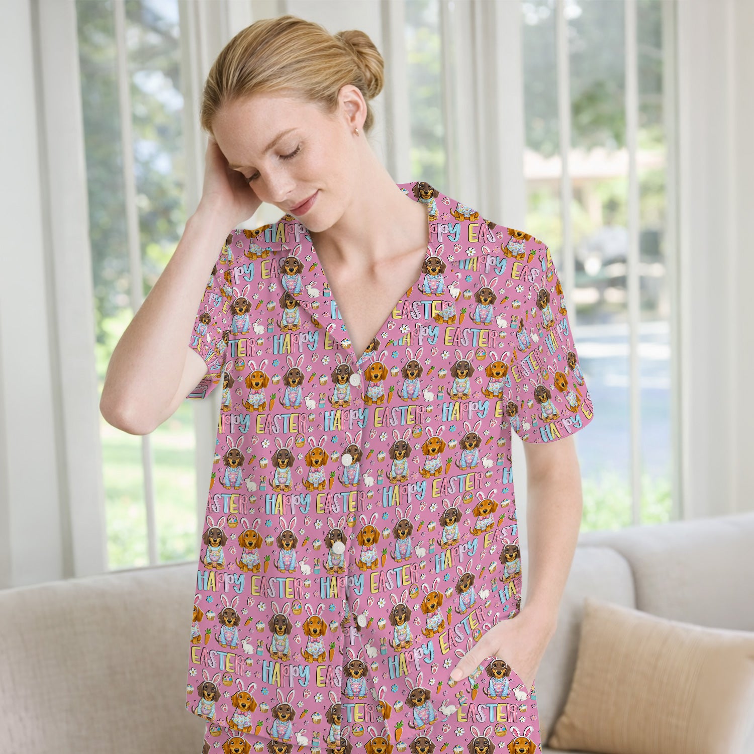 Happy Easter Dachshund Bunny Print Pajama Set, Breathable Fabrics Uniform