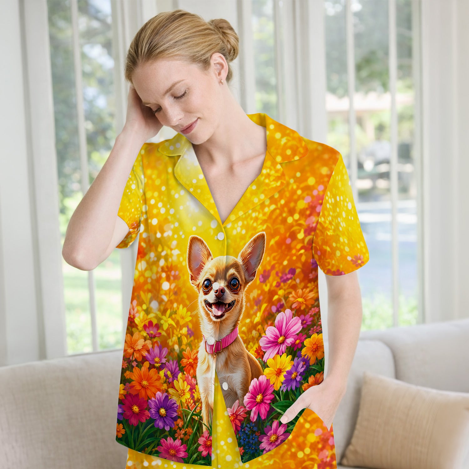 Cute Chihuahua Flower Meadow Pattern Pajama Set, Soft Breathable Fabric Comfortable Sleepwear