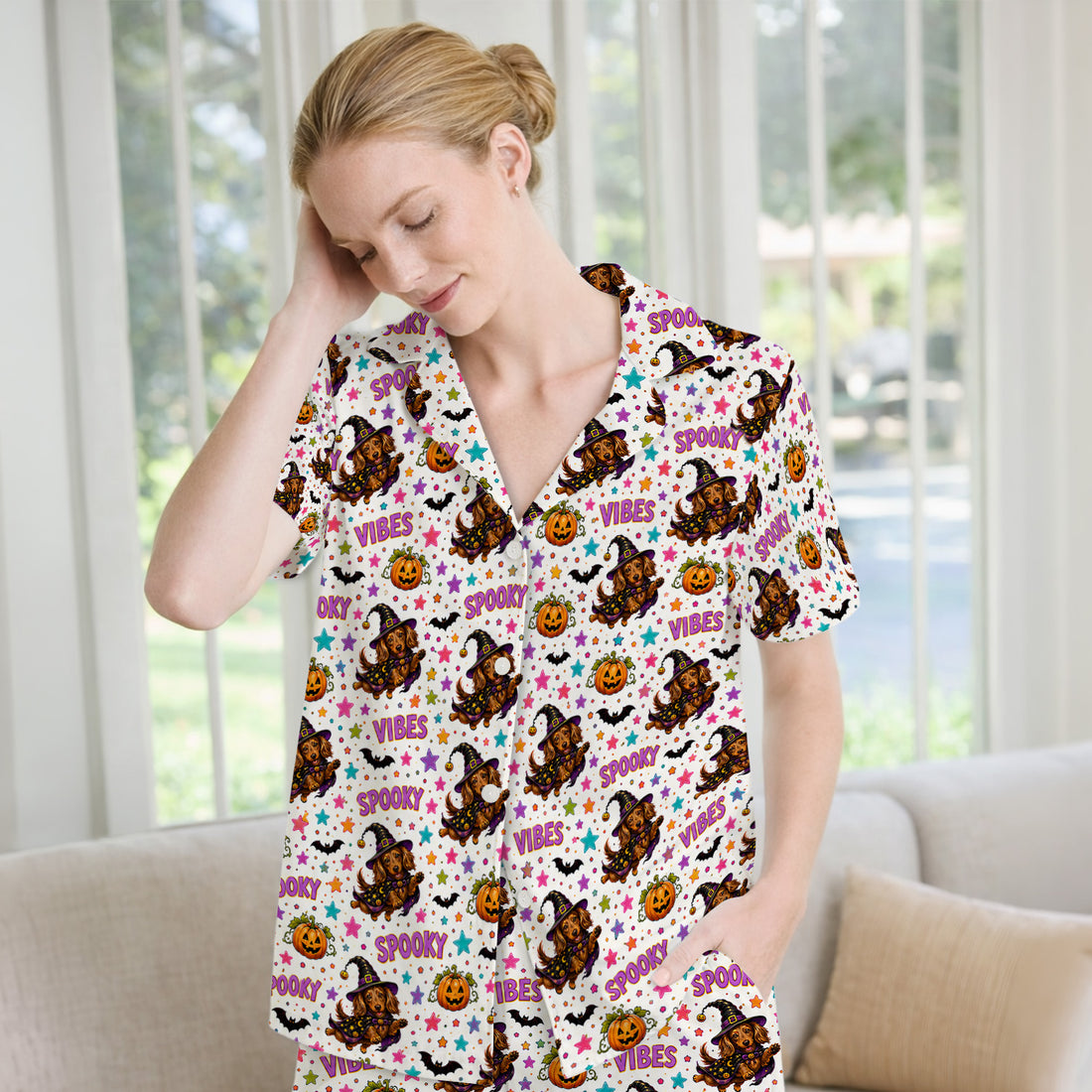 Spooky Dachshund Vibes Print Pajama Set, Soft Breathable Fabric Comfortable Sleepwear