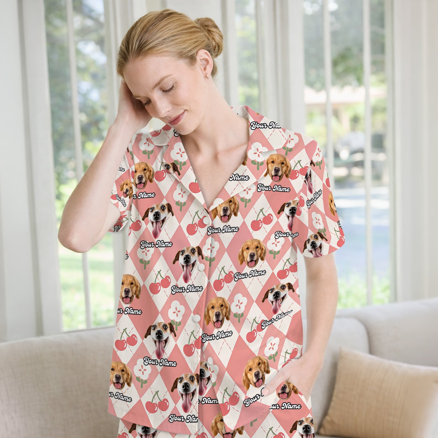 Custom Dog Face Pajama Set, Playful Dog Cherry Argyle Pattern, Soft Breathable Fabric Comfortable Sleepwear