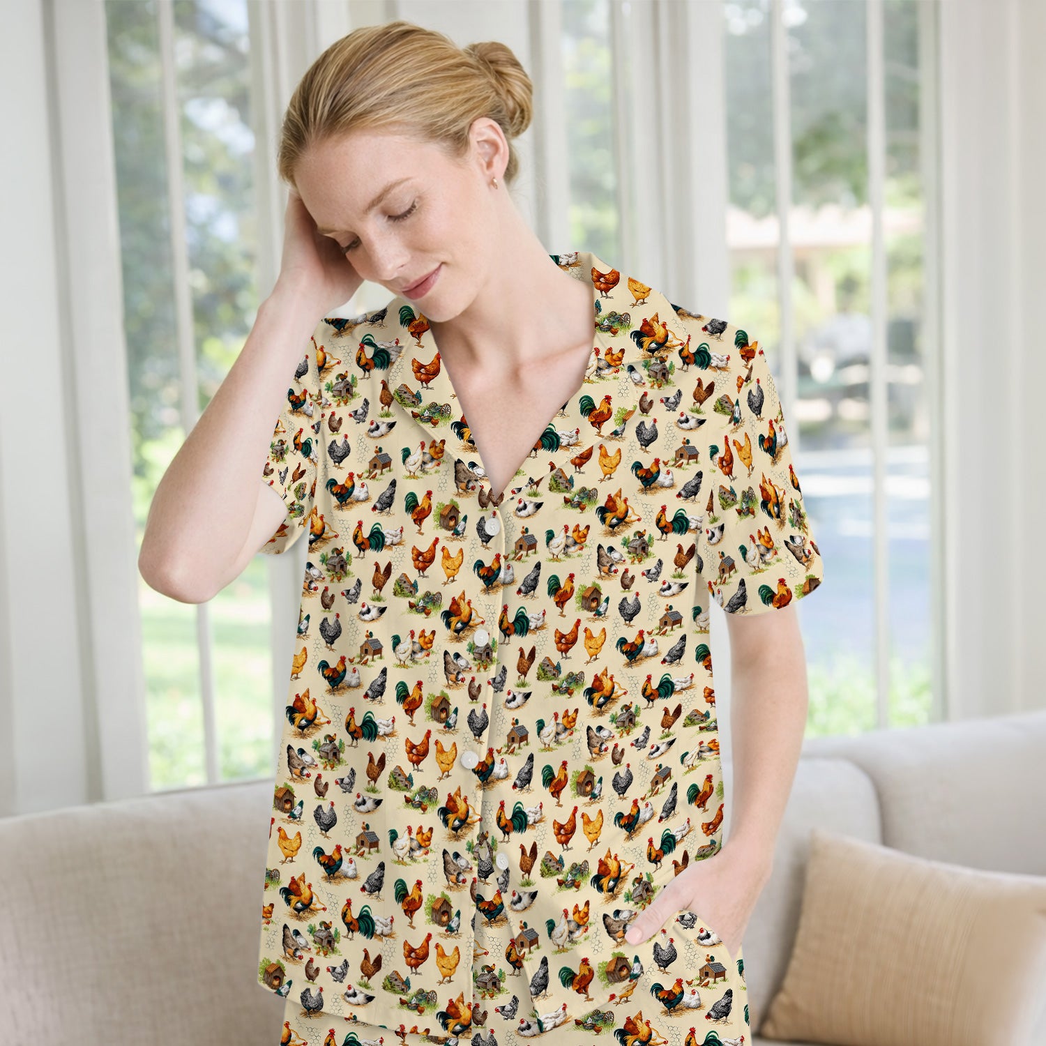 Farm Chicken Rooster Coop Pattern Pajama Set, Soft Breathable Fabric Comfortable Sleepwear