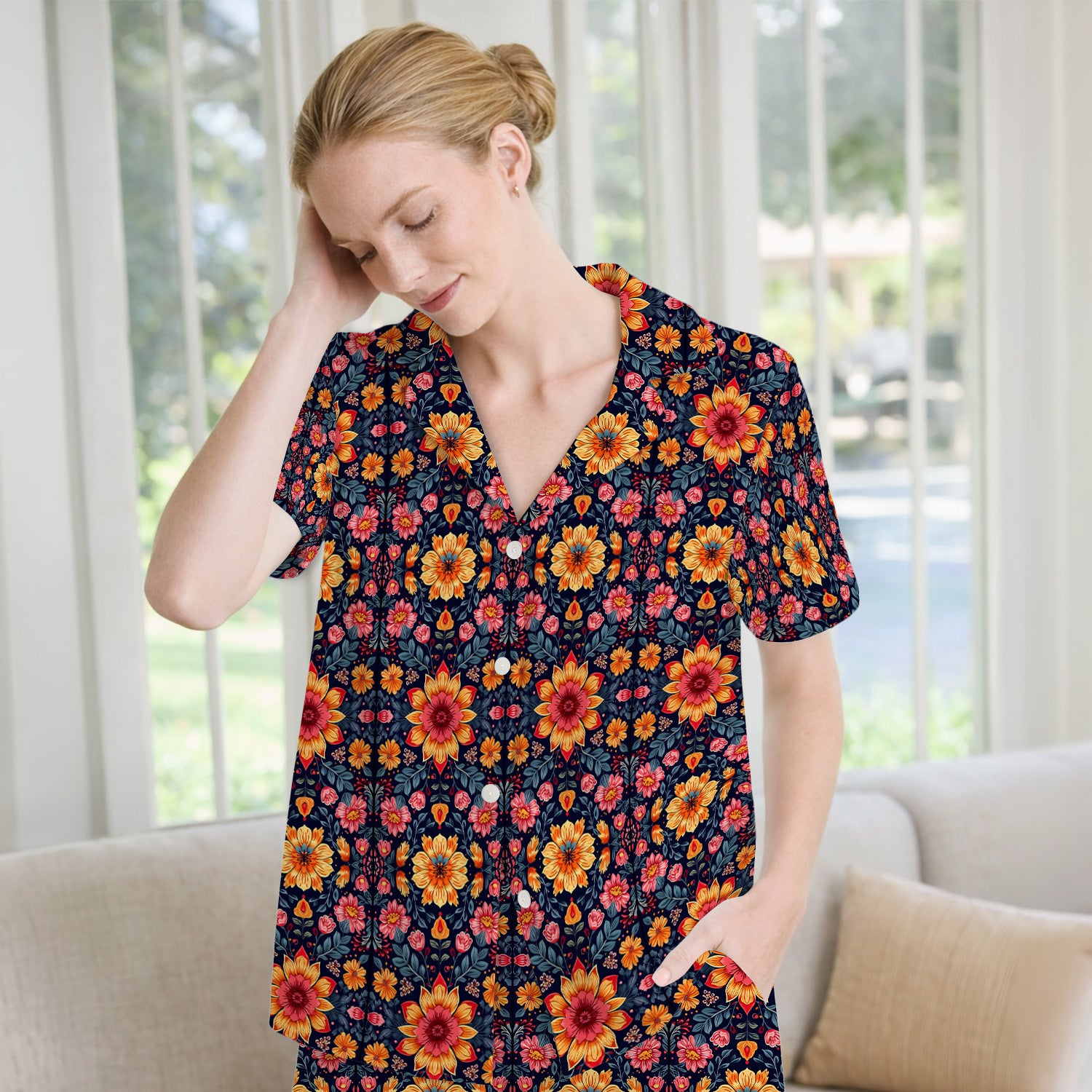 Elegant Dark Floral Pattern Pajama Set, Soft Breathable Fabric Comfortable Sleepwear