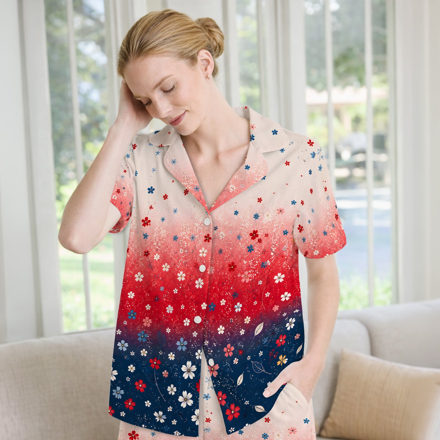 Patriotic Red White Blue Floral Ombre Print Pajama Set, Soft Breathable Fabric Comfortable Sleepwear