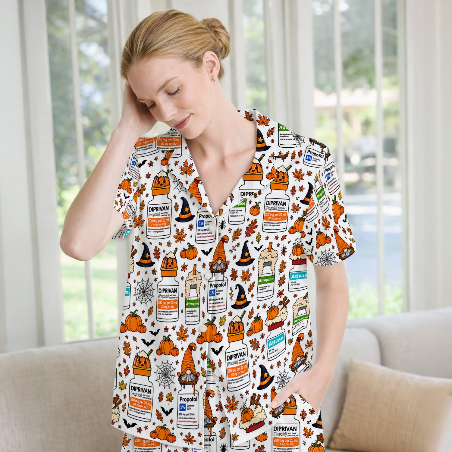 Funny Witch Hat & Pumpkin Print Pajama Set, Soft Breathable Fabric Comfortable Sleepwear