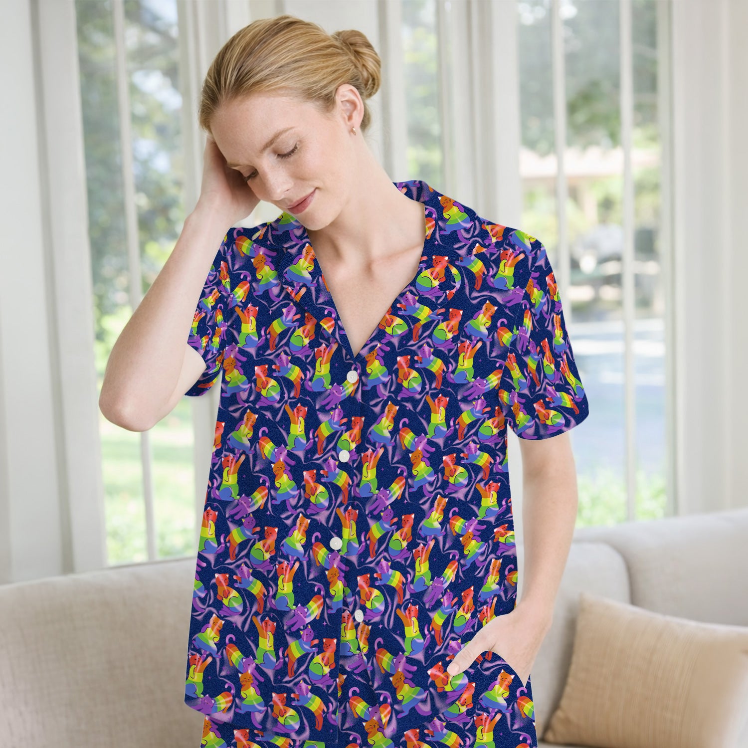 Rainbow Pride Cat Pattern Pajama Set, Breathable Fabrics Uniform