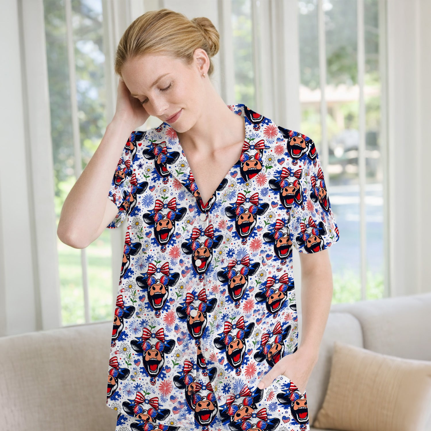 Funny Patriotic Cow Nurse Print Pajama Set, Soft Breathable Fabric Comfortable Sleepwear