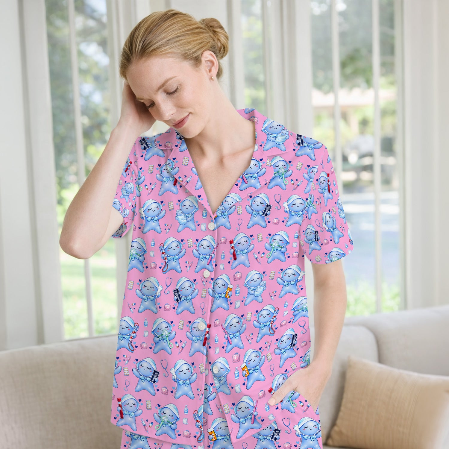 Cute Tooth Character Dental Tools Caring Pattern Pajama Set, Breathable Fabrics Uniform