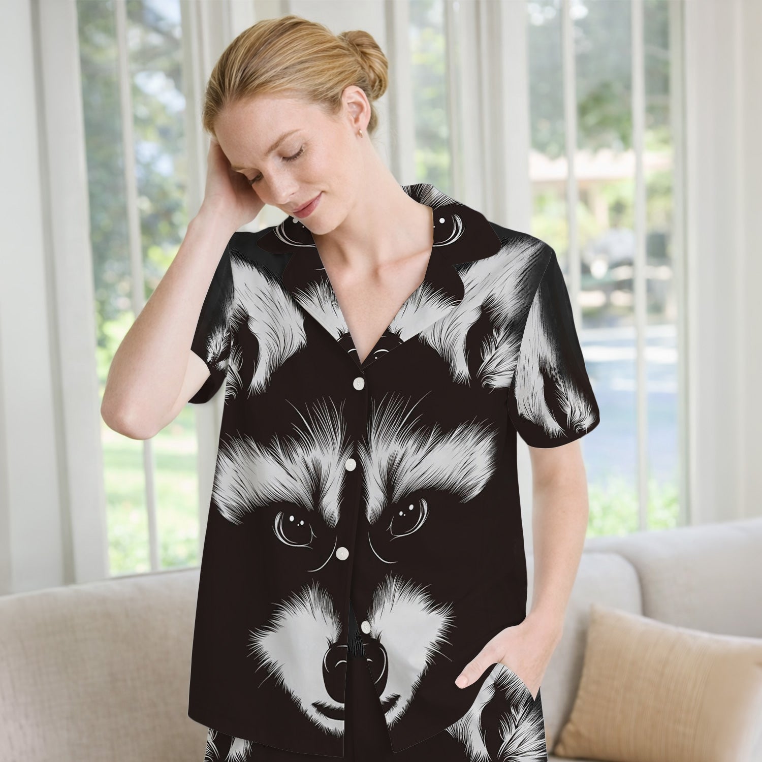 Black White Raccoon Face Pattern Pajama Set, Soft Breathable Fabric Comfortable Sleepwear