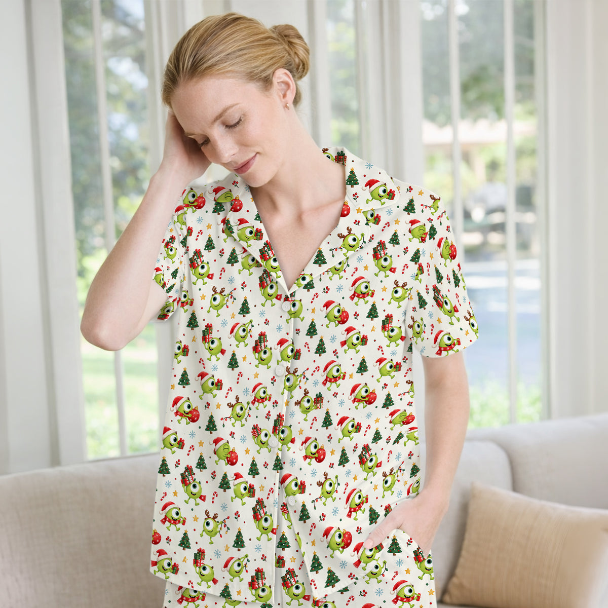Christmas One Eyed Green Monsters Pajama Set, Soft Breathable Fabric Comfortable Sleepwear