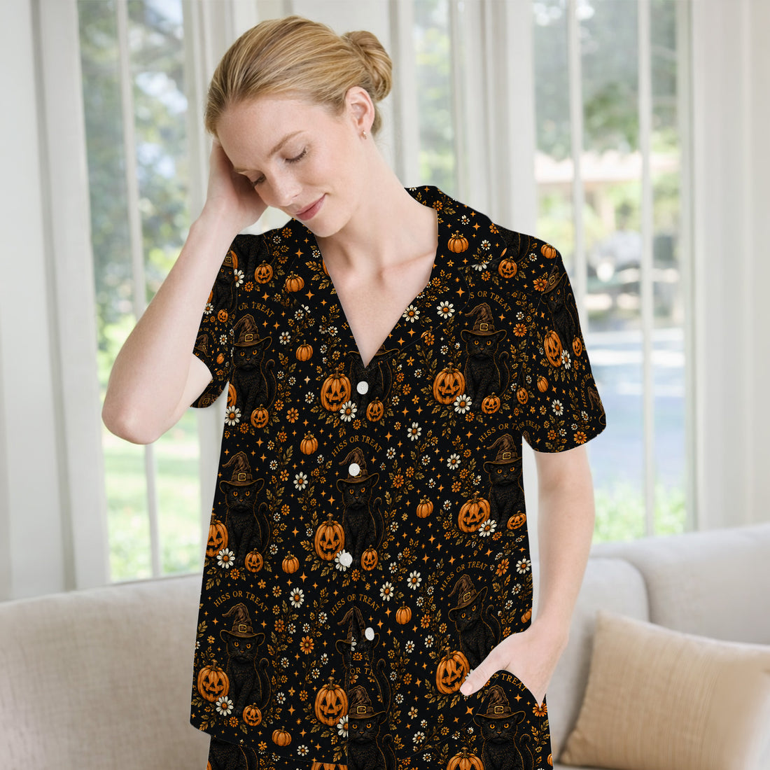 Halloween Black Cat Pumpkin Floral Pajama Set, Soft Breathable Fabric Comfortable Sleepwear