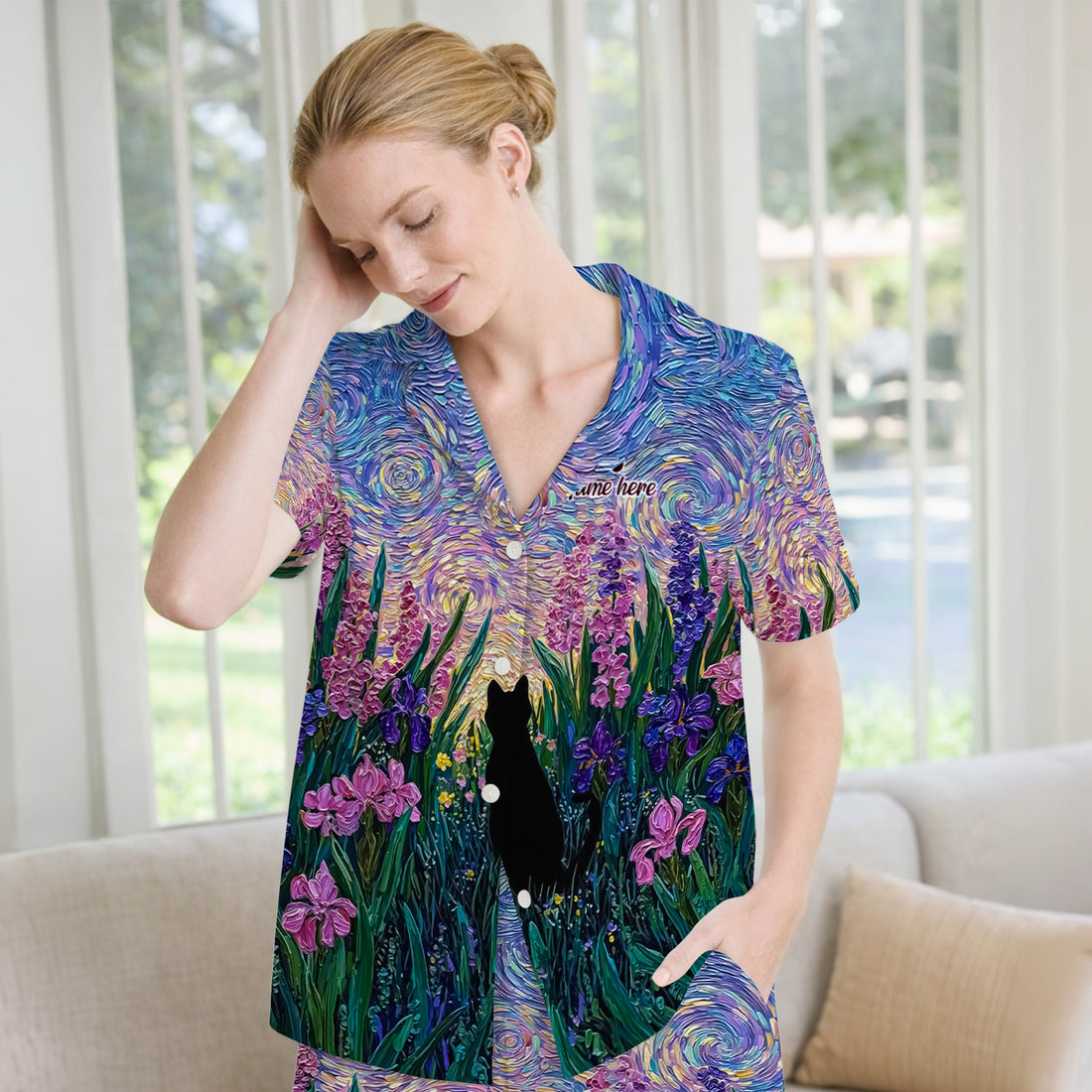 Cat Under Starry Sky Pattern Pajama Set, Breathable Fabrics Uniform