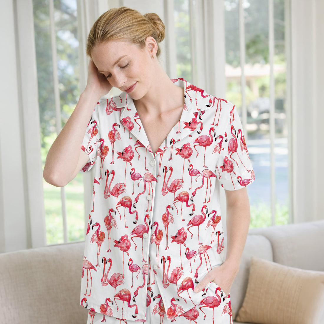 Pink Flamingo Tropical Bird Pattern Nurse Pajama Set, Soft Breathable Fabric Comfortable Sleepwear