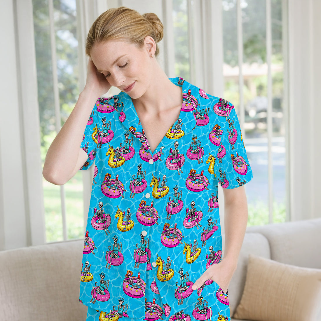 Summerween Skeleton with Pool Float Print Pajama Set, Soft Breathable Fabric Comfortable Sleepwear