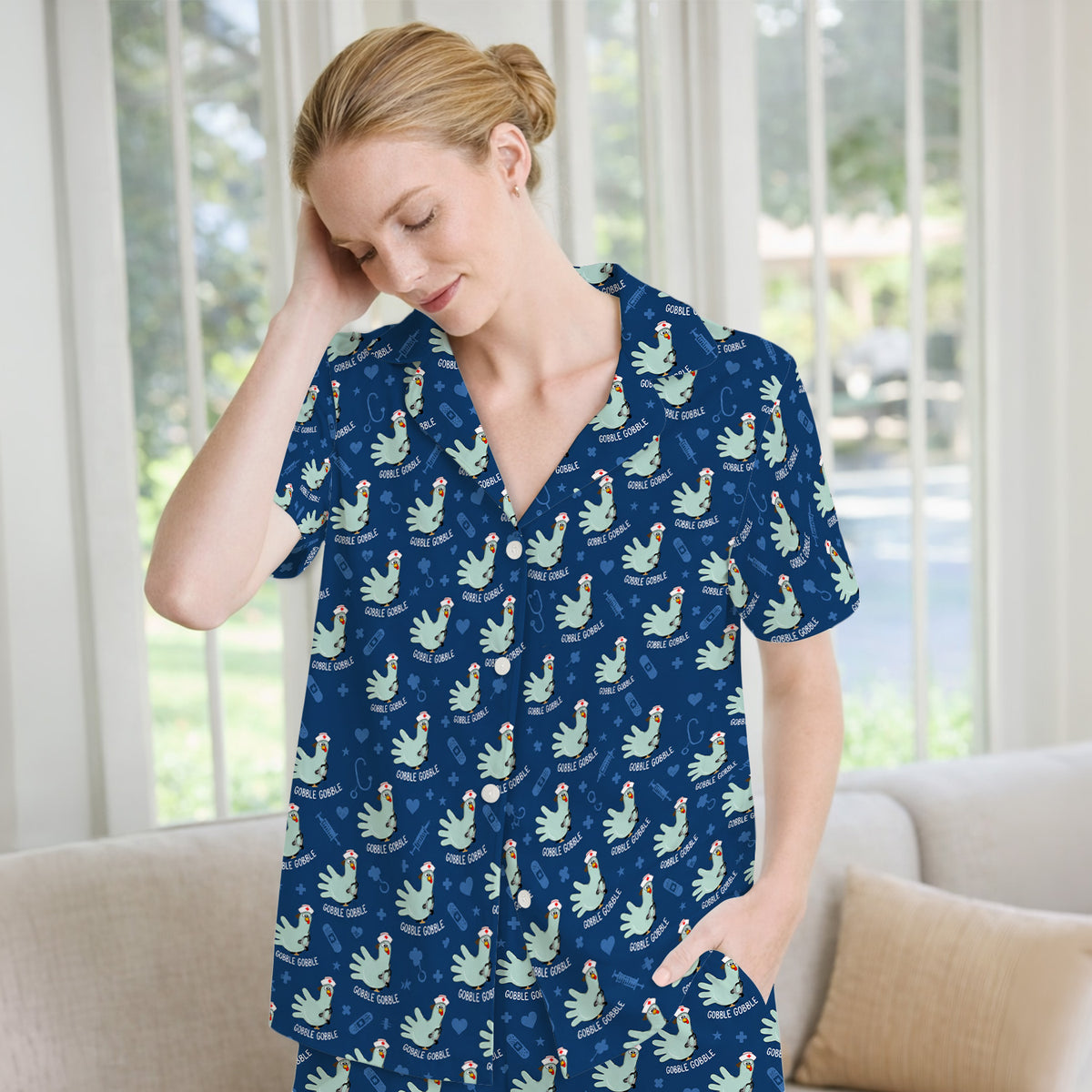 Funny Gobble Gobble Nurse Turkey Pajama Set, Soft Breathable Fabric Comfortable Sleepwear