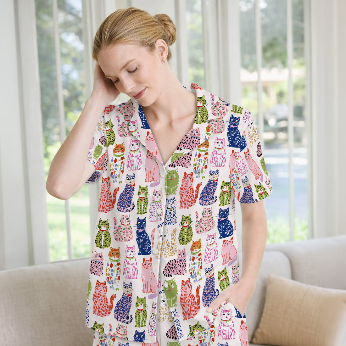 Colorful Cat with Playful Pet Pajama Set, Soft Breathable Fabric Comfortable Sleepwear