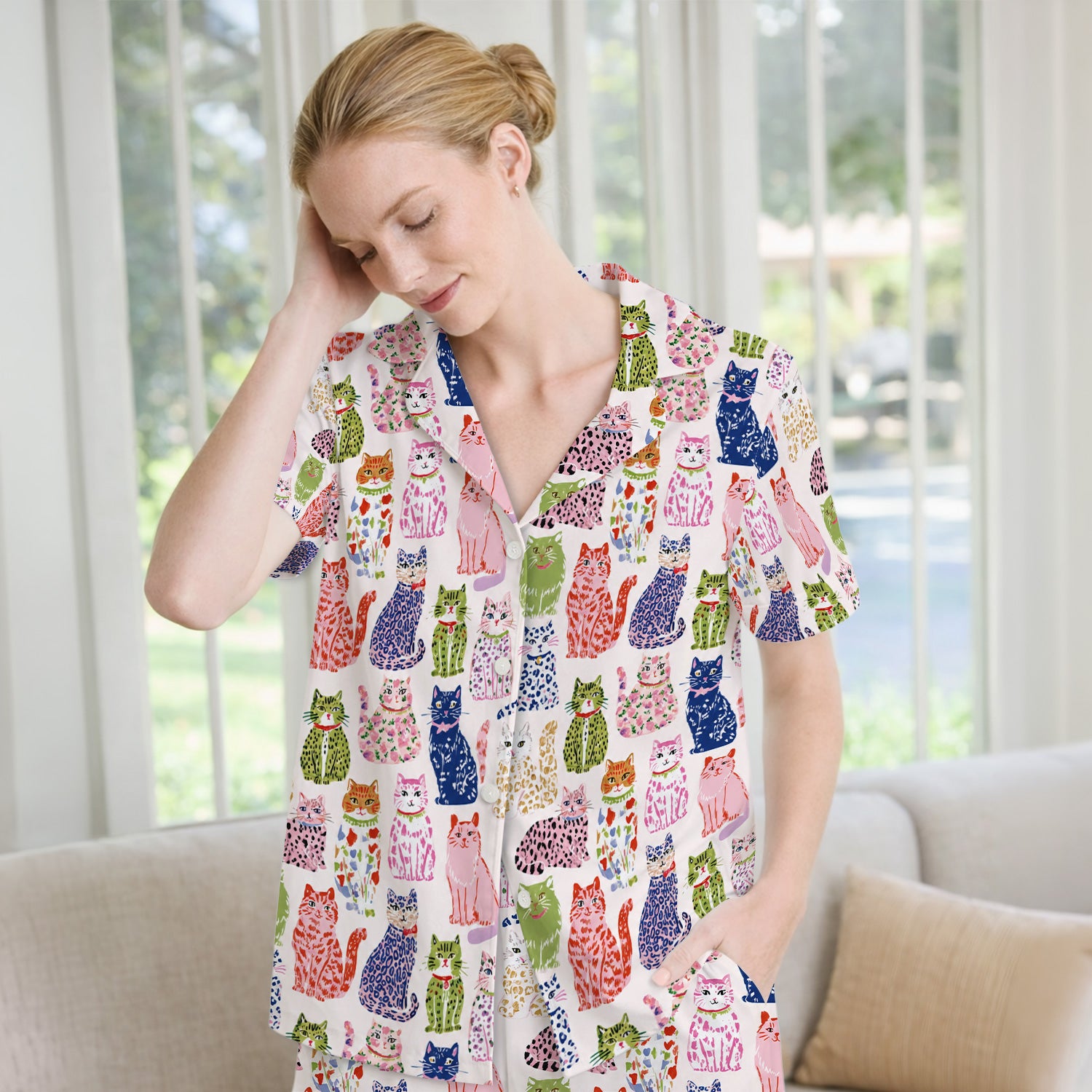 Colorful Cat with Playful Pet Pajama Set, Soft Breathable Fabric Comfortable Sleepwear