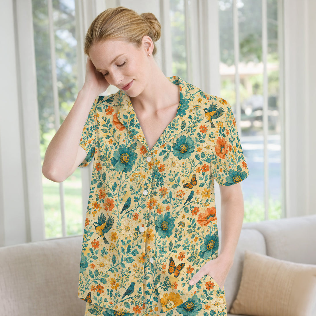 Vintage Floral Bird Butterfly Pattern Pajama Set, Soft Breathable Fabric Comfortable Sleepwear