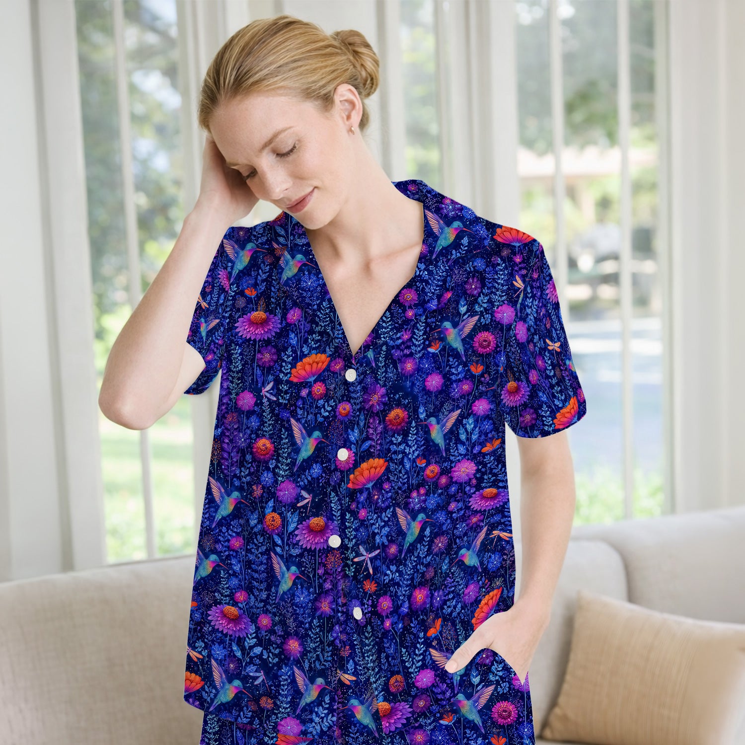 Enchanted Hummingbird Wildflower Garden Pattern Pajama Set, Soft Breathable Fabric Comfortable Sleepwear