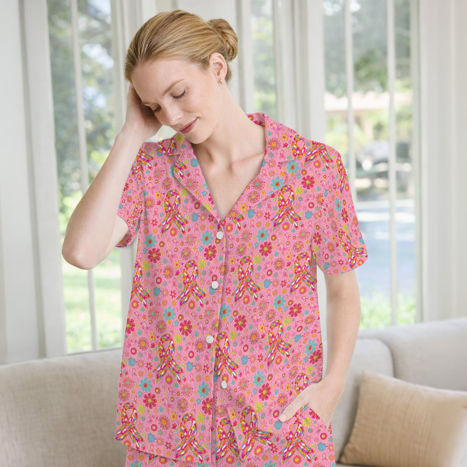 Colorful Pink Ribbon Floral Pajama Set, Soft Breathable Fabric Comfortable Sleepwear