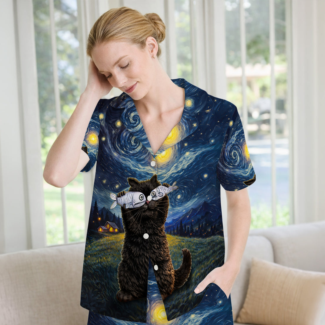 Starry Night Cat Art Print Pajama Set, Breathable Fabrics Uniform