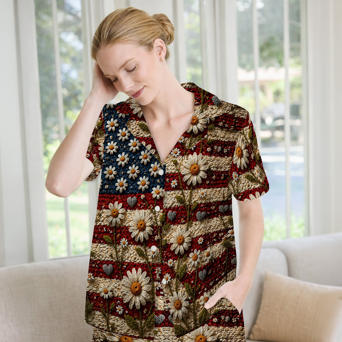 American Flag Daisy Floral Knit Texture Pattern Pajama Set, Breathable Fabrics Uniform