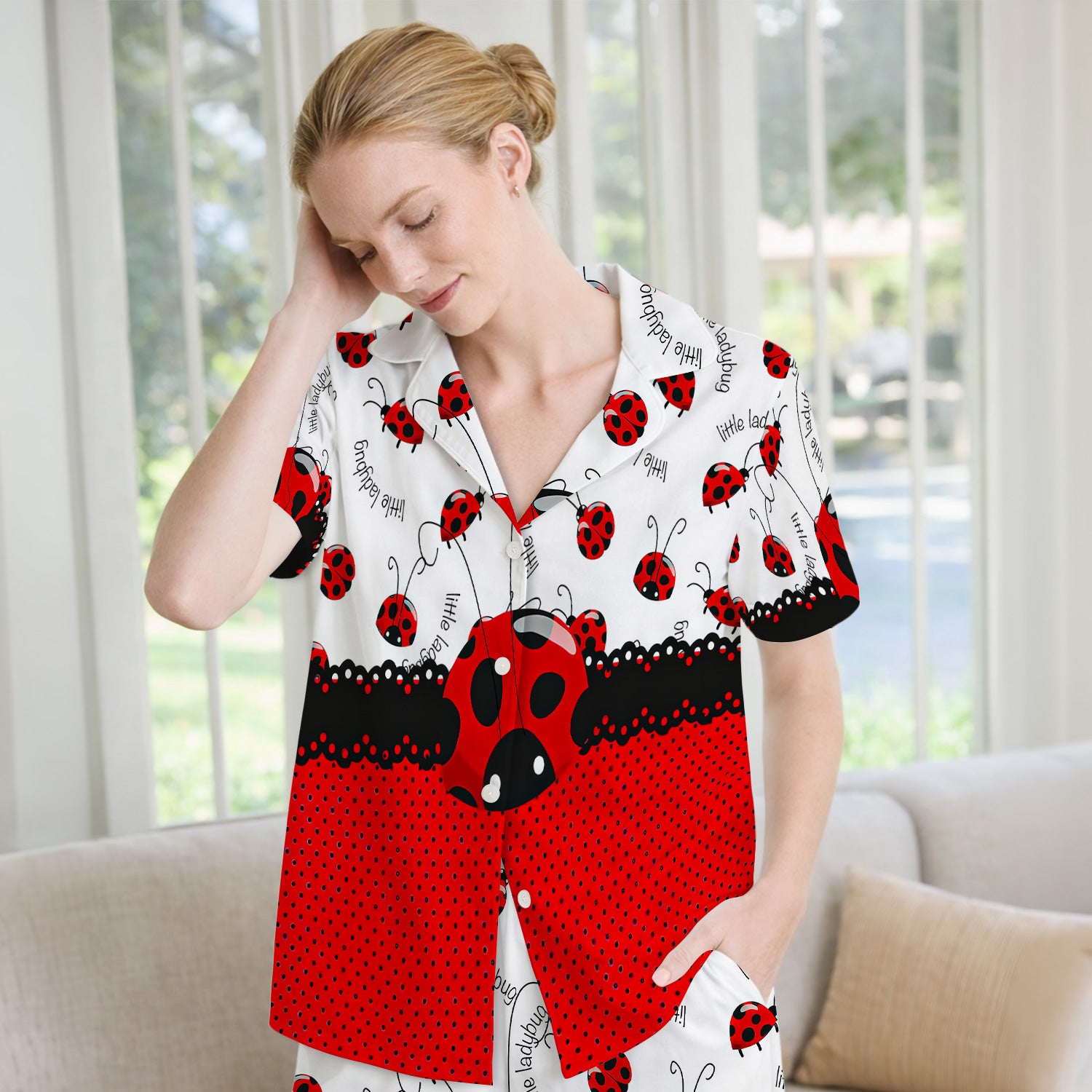 Cute Little Ladybug Polka Dot Pattern Pajama Set, Soft Breathable Fabric Comfortable Sleepwear