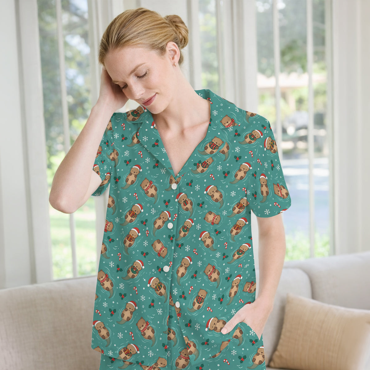 Christmas Sea Otters And Gifts Pajama Set, Soft Breathable Fabric Comfortable Sleepwear