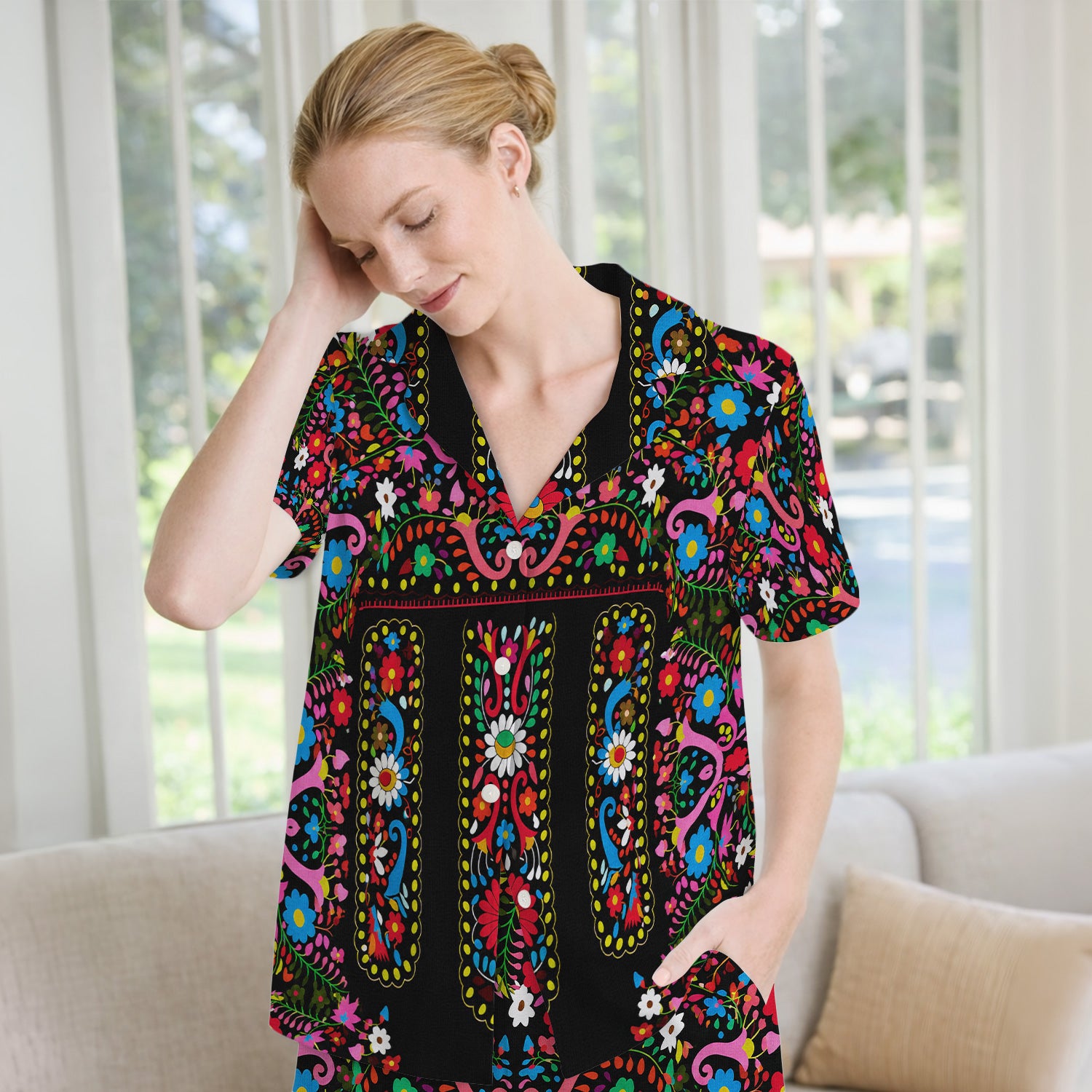 Colorful Folk Art Floral Pattern Pajama Set, Soft Breathable Fabric Comfortable Sleepwear