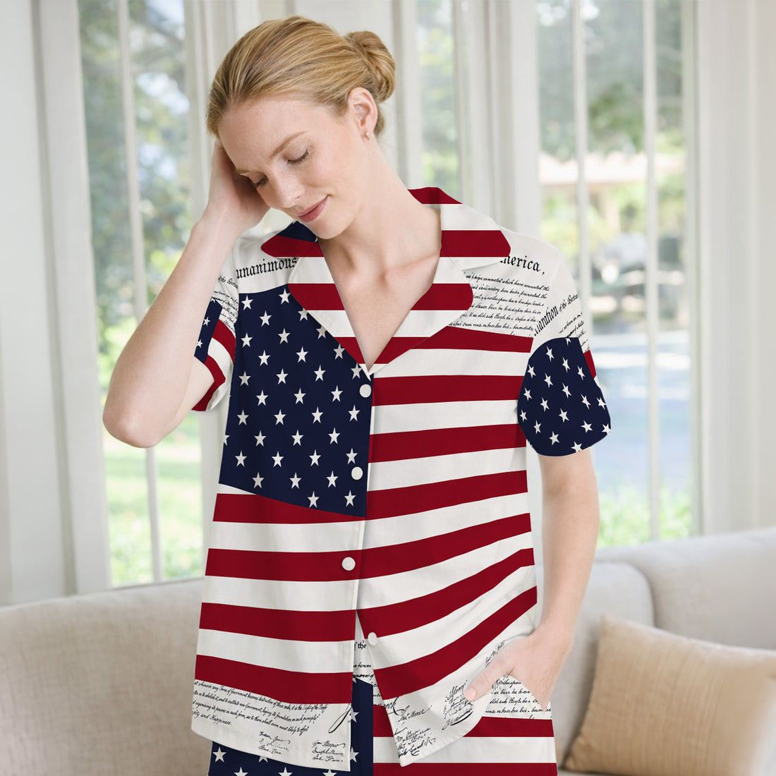 Patriotic Nurse American Flag Pattern Pajama Set, Soft Breathable Fabric Comfortable Sleepwear