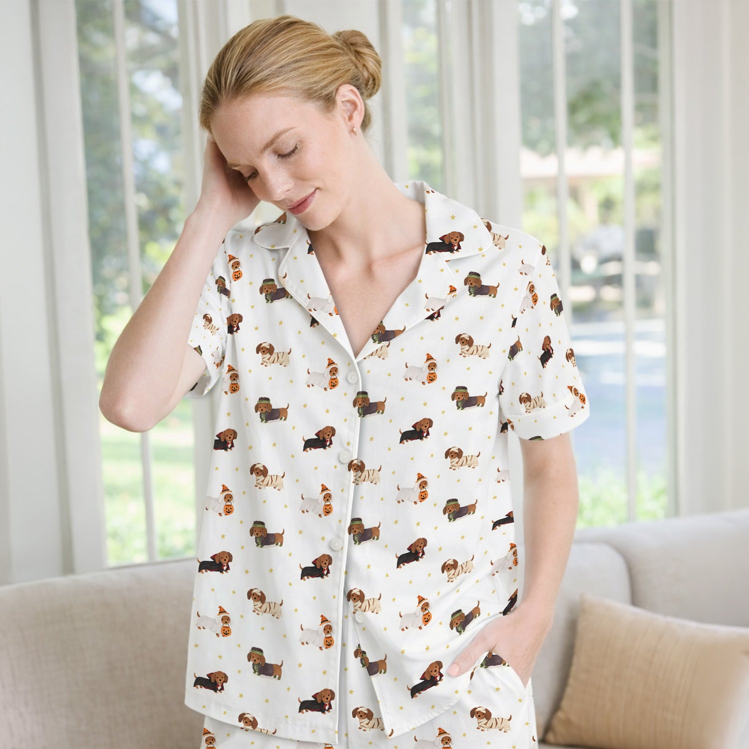 Halloween Dachshund Costumes Print Pajama Set, Soft Breathable Fabric Comfortable Sleepwear