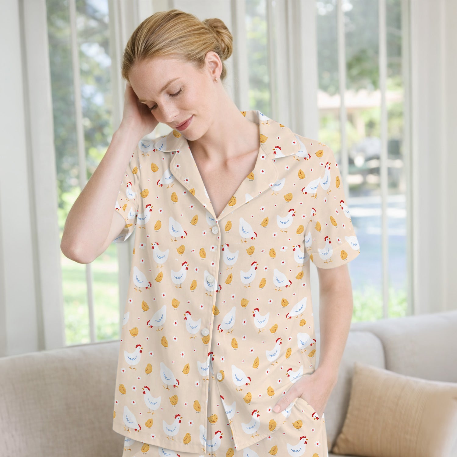 Chicken And Cute Chicks Pattern Pajama Set, Breathable Fabrics Uniform