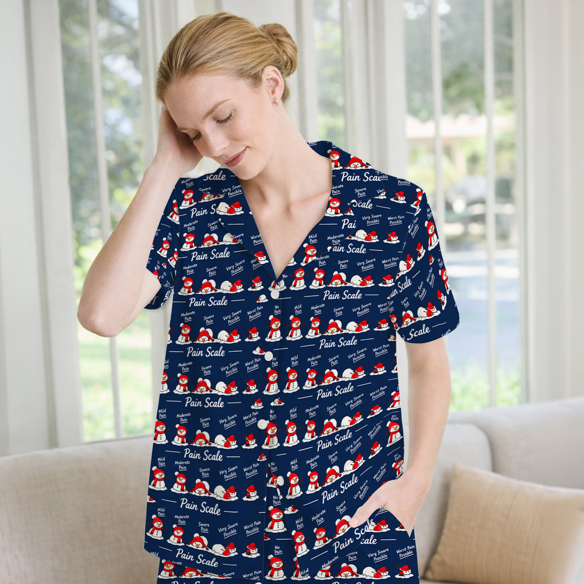 Funny Christmas Snowman Pain Scale Pajama Set, Breathable Fabrics Uniform