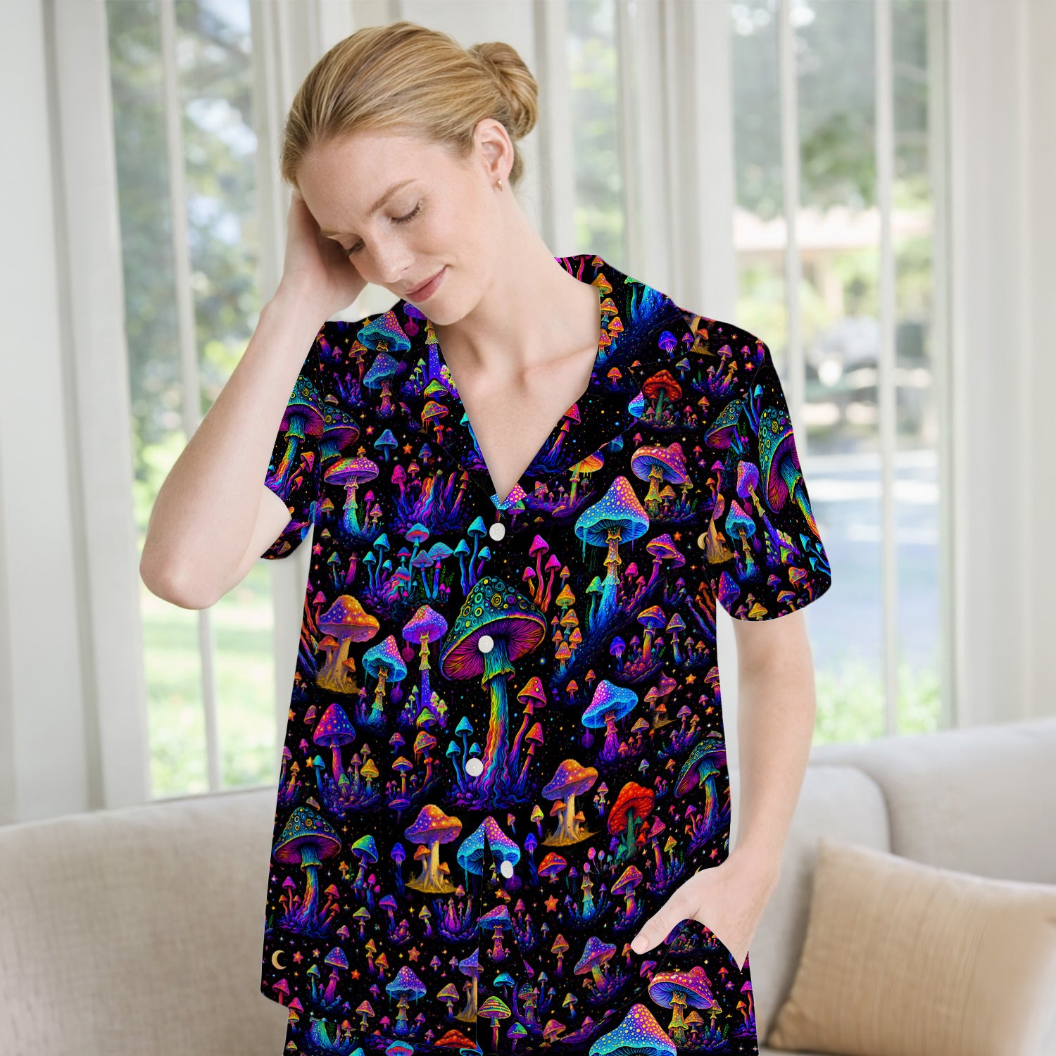 Neon Fantasy Mushroom Print Pajama Set, Soft Breathable Fabric Comfortable Sleepwear