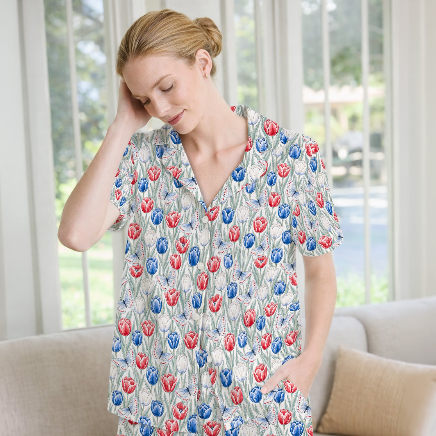 Patriotic Tulip Butterfly Nurse for RN, CNA, Healthcare Workers Pajama Set, Soft Breathable Fabric Comfortable Sleepwear