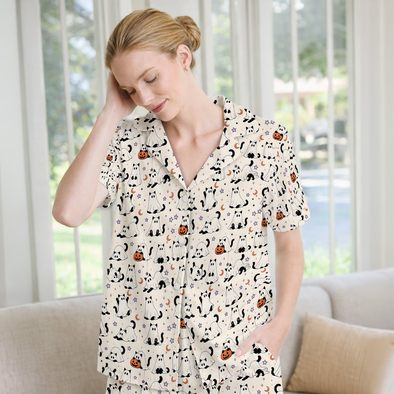 Halloween Ghost Cats And Pumpkins Pajama Set, Soft Breathable Fabric Comfortable Sleepwear