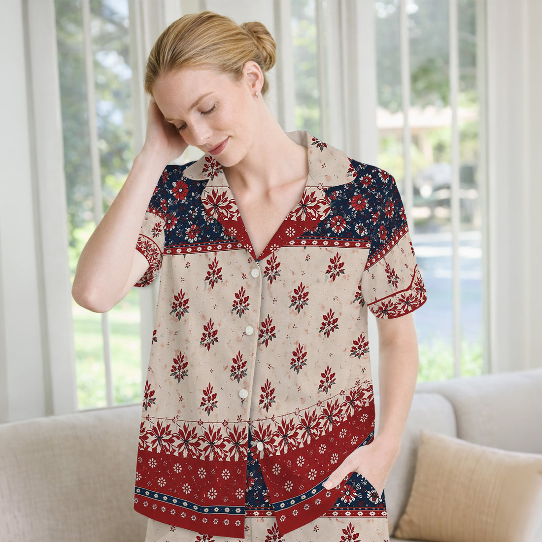 Vintage Floral Border Red Blue Pattern Pajama Set, Soft Breathable Fabric Comfortable Sleepwear
