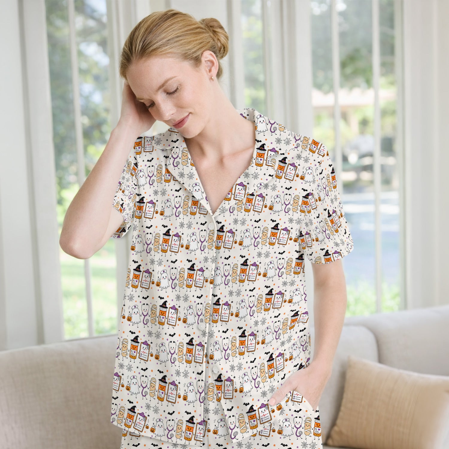 Halloween Medical Characters Print Pajama Set, Soft Breathable Fabric Comfortable Sleepwear