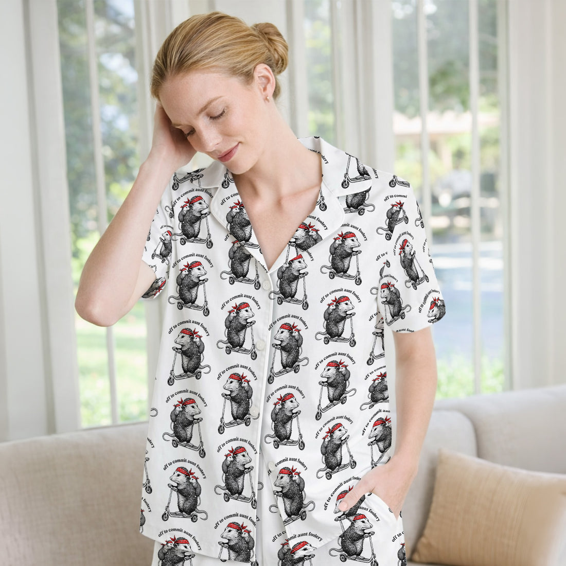 Aunt Foolery Opossum Pattern Pajama Set, Soft Breathable Fabric Comfortable Sleepwear