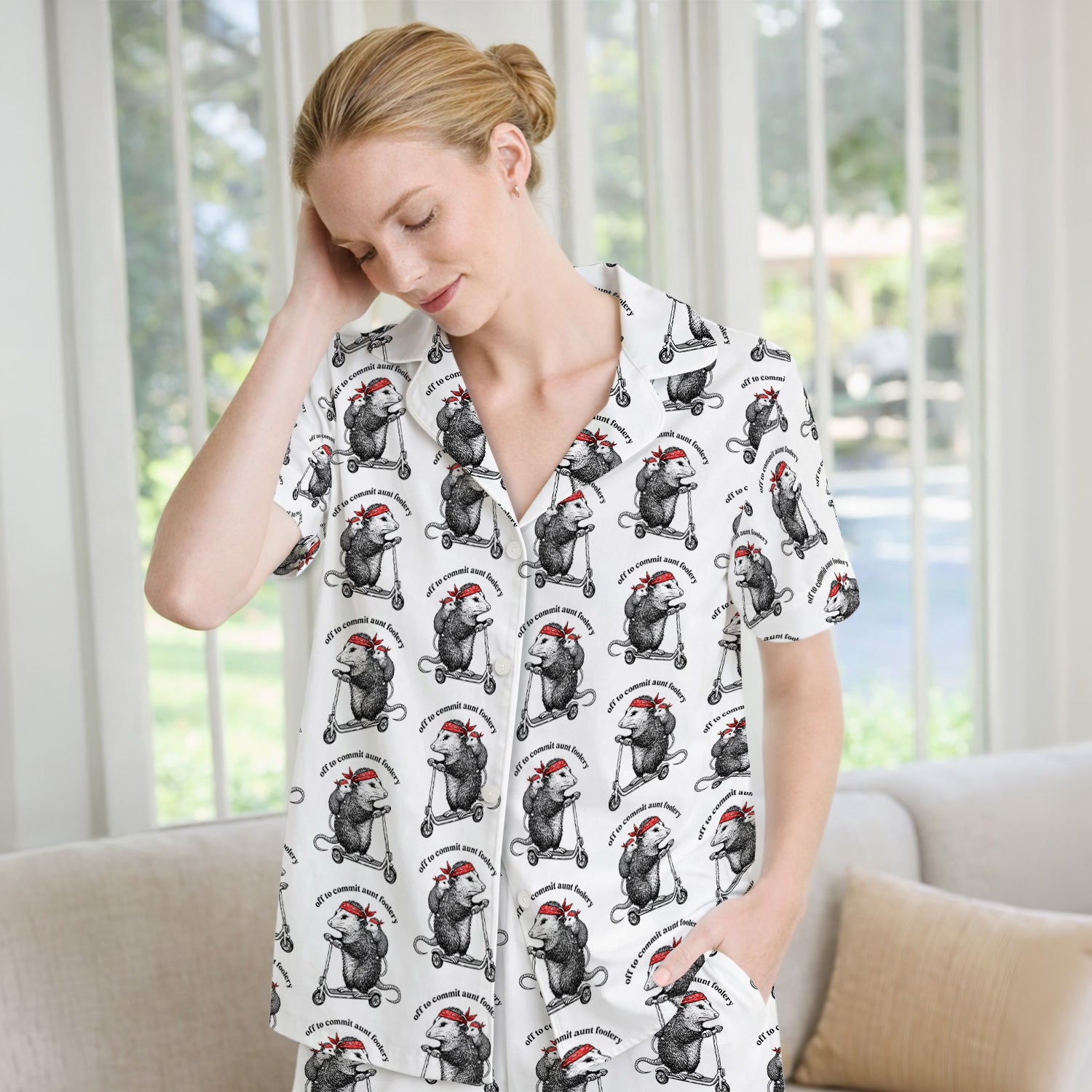 Aunt Foolery Opossum Pattern Pajama Set, Soft Breathable Fabric Comfortable Sleepwear
