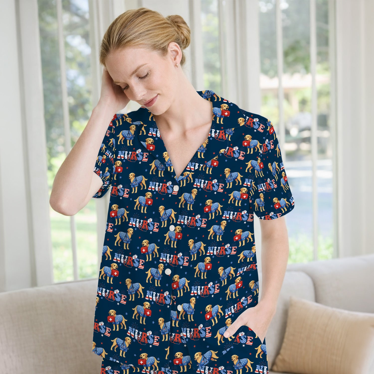 Patriotic Nurse Dog Medical Pattern Pajama Set, Breathable Fabrics Uniform
