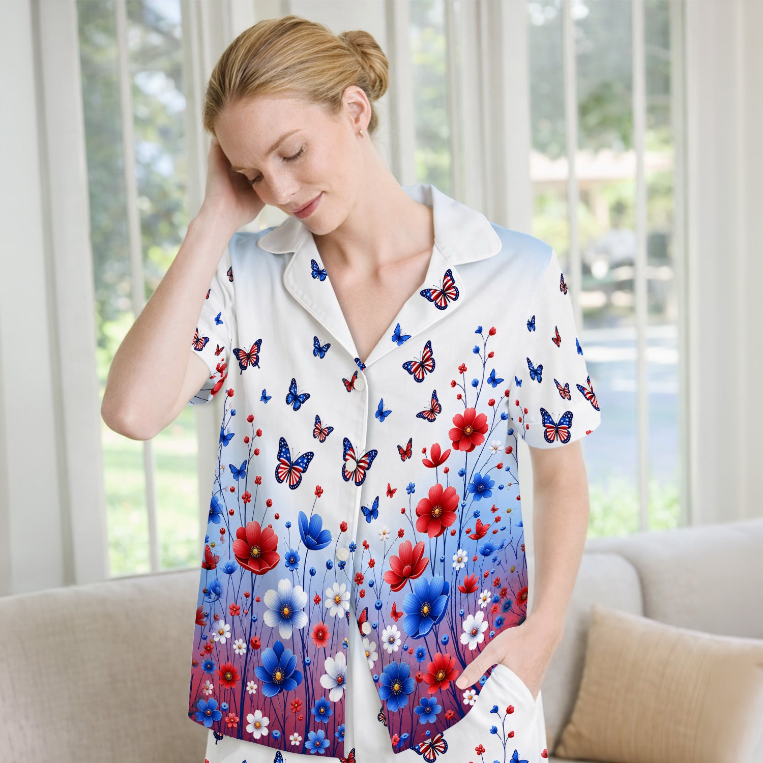 Patriotic Butterfly Wildflower Garden Pattern Pajama Set, Soft Breathable Fabric Comfortable Sleepwear