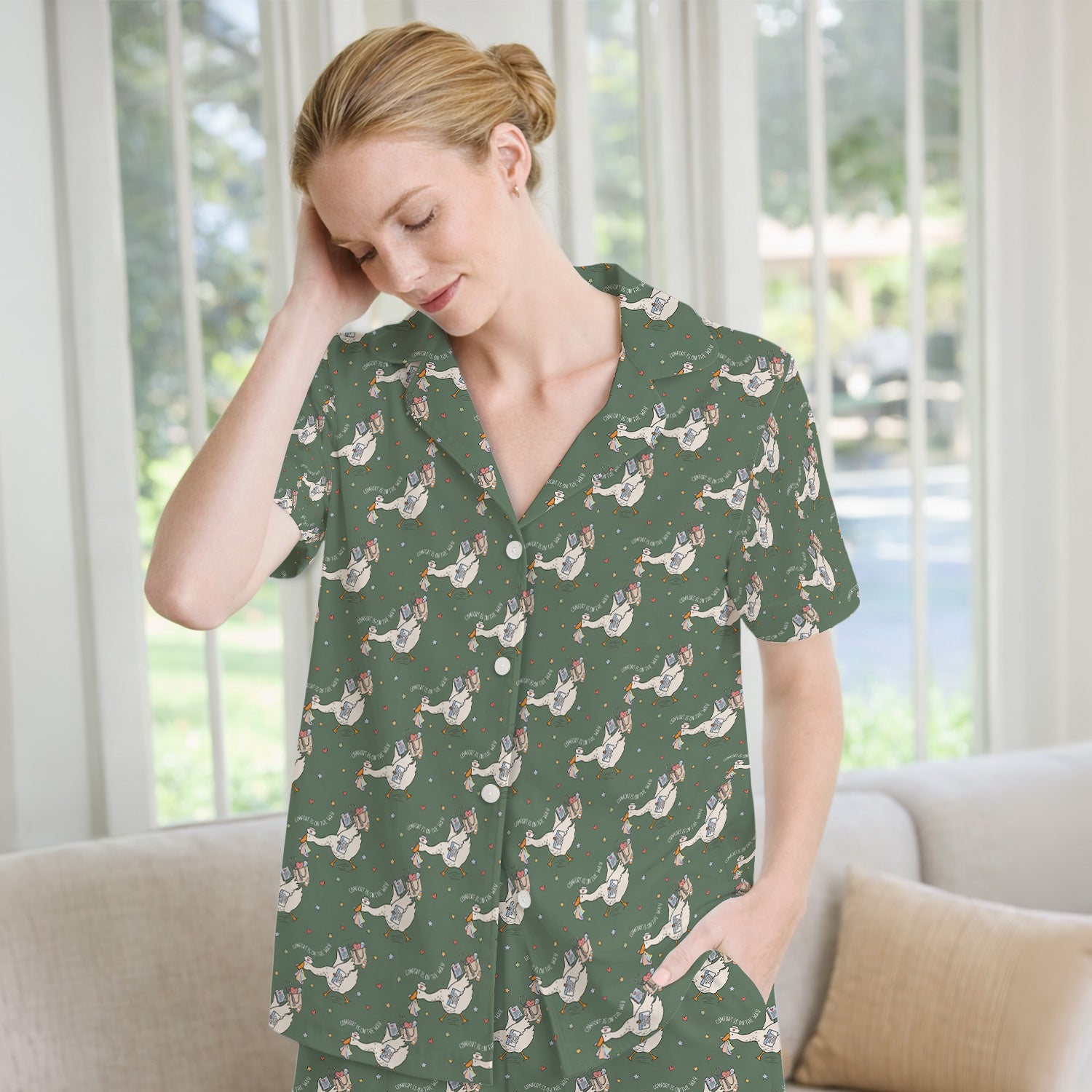 Cute Comfort Is On The Way Goose Pajama Set, Soft Breathable Fabric Comfortable Sleepwear