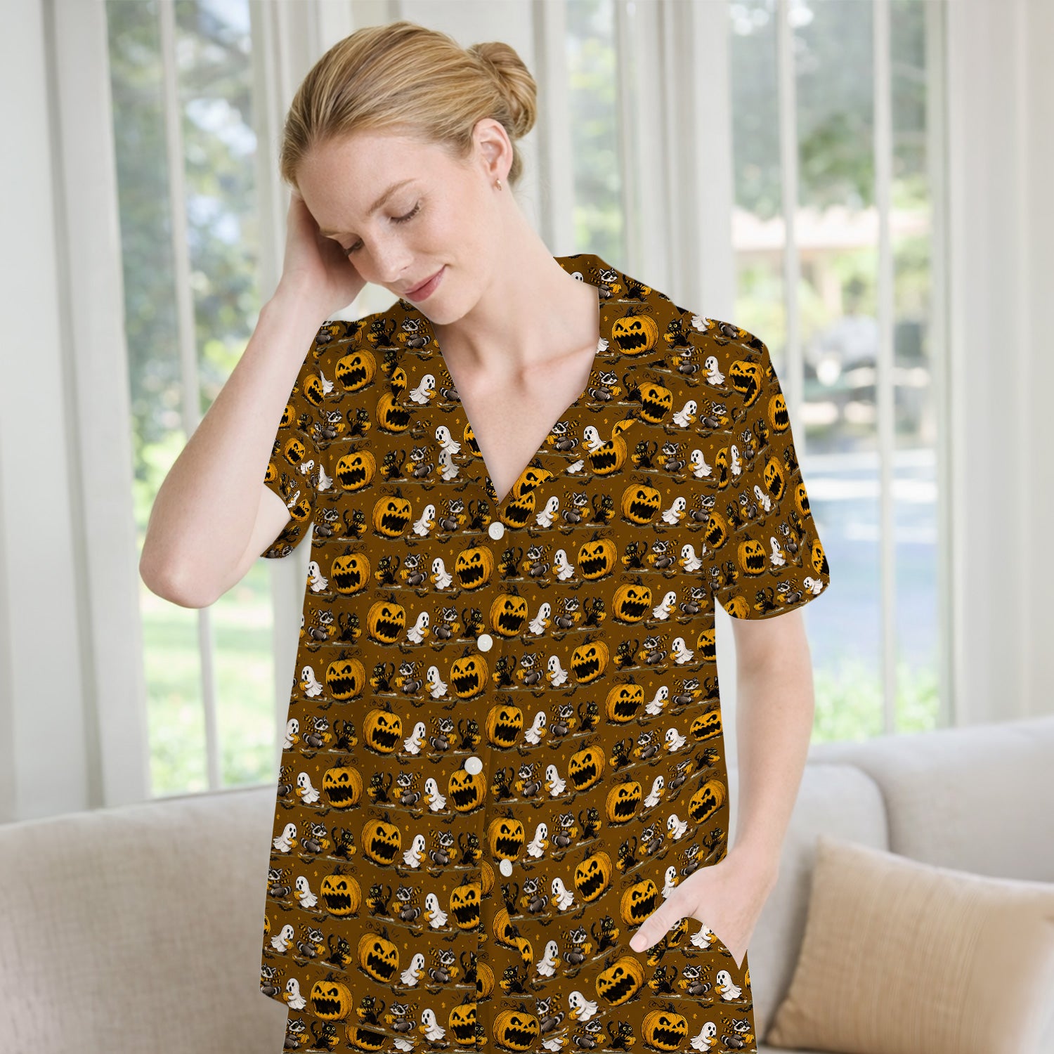 Spooky Halloween Woodland Critters Pattern Pajama Set, Soft Breathable Fabric Comfortable Sleepwear