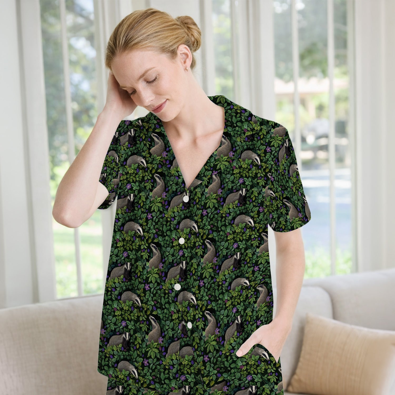 Woodland Badger Forest Pattern Pajama Set, Soft Breathable Fabric Comfortable Sleepwear